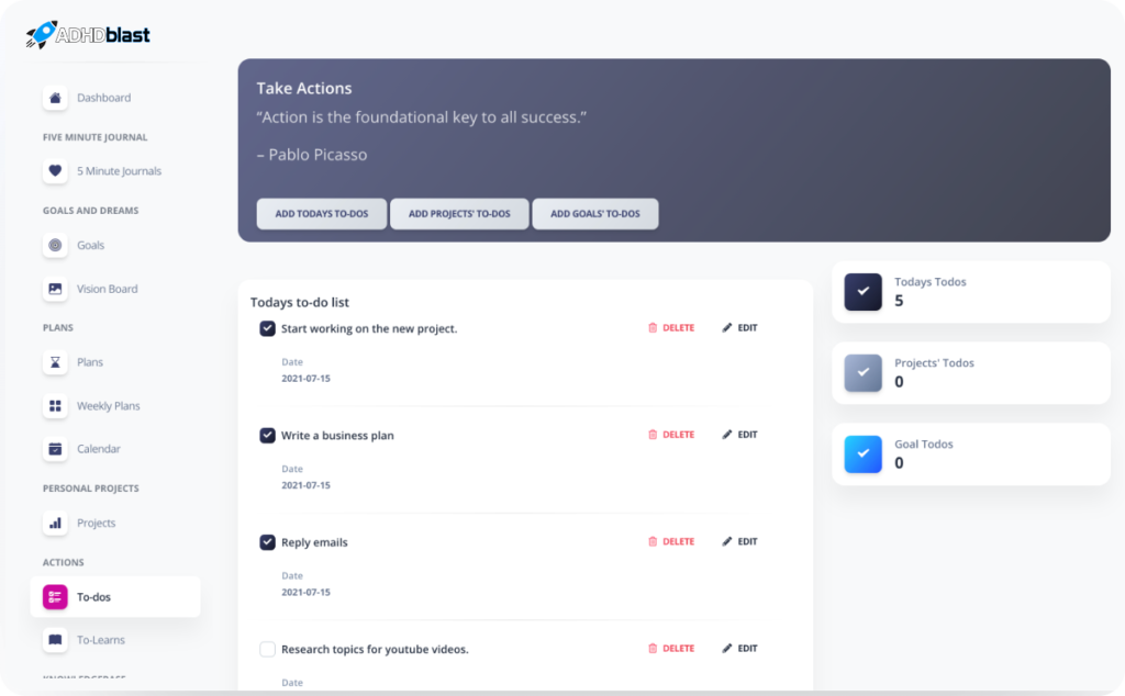 ADHDblast Dashboard View